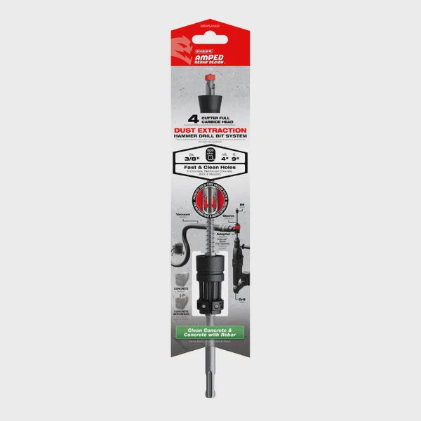 3/8" x 4" x 9" AMPED Rebar Demon SDS-Plus 4-Cutter Full Carbide Head Dust Extraction Hammer Drill Bit