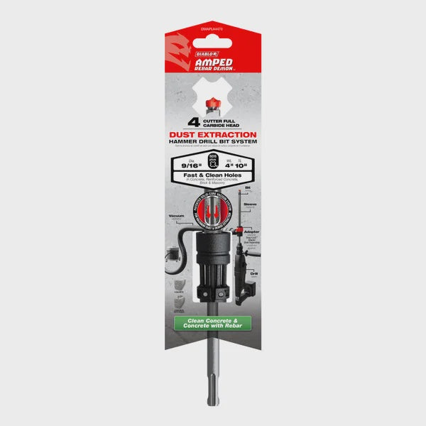 9/16" x 4" x 10" AMPED Rebar Demon SDS-Plus 4-Cutter Full Carbide Head Dust Extraction Hammer Drill Bit
