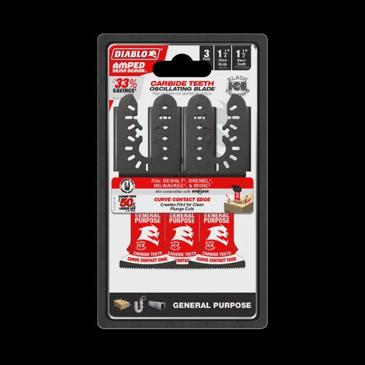 1-1/4"(w) x 1-1/2"(d) AMPED™ Demo Demon™ Universal Fit Carbide Teeth Oscillating Blade for General Purpose Cuts (3-pk)