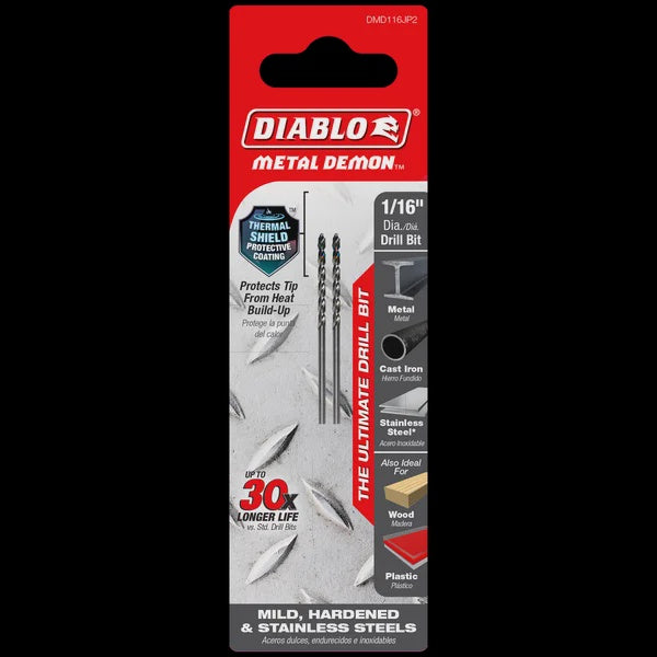 Diablo-1/16" Metal Demon™ Drill Bits for Mild, Hardened and Stainless Steels (2-pk)