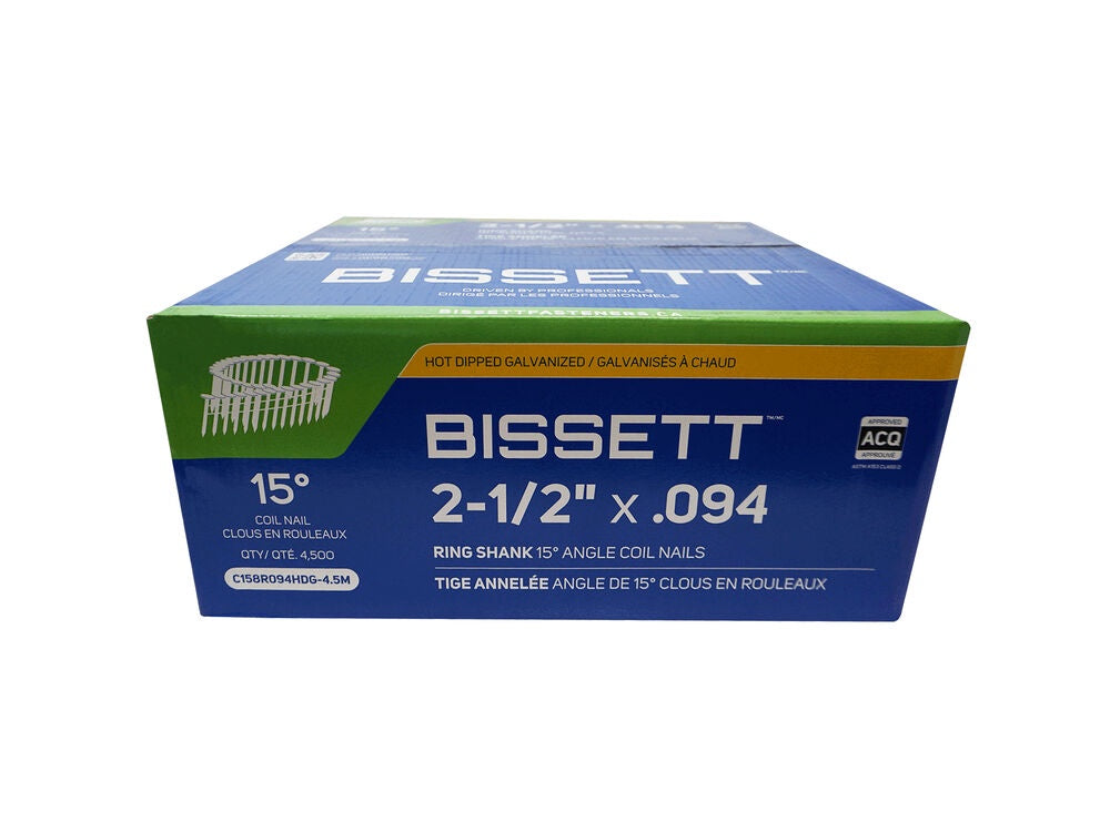 BISSETT 2-1/2"x.094 15deg RING HOT DIP GALV SIDING COIL NAIL 4.5m