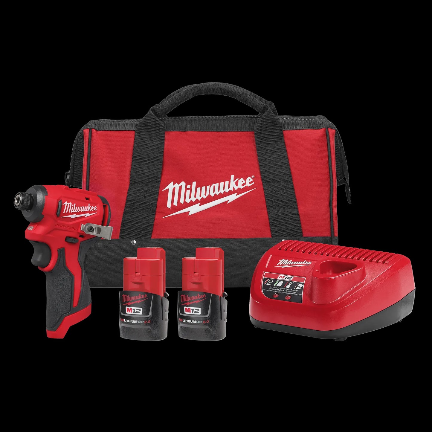 Milwaukee Tool M12 12V Lithium-Ion Brushless Cordless 1/4 in. Impact Driver w/ (2) 2.0 Ah Batteries