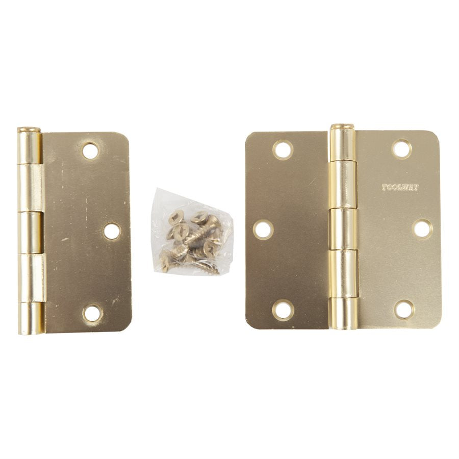 100924 2PC Door Hinge 3 12in x 3 12in Round Corner 14in Brass Plated Steel