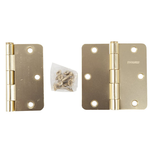 100924 2PC Door Hinge 3 12in x 3 12in Round Corner 14in Brass Plated Steel