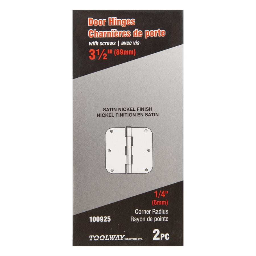 100925 2PC Door Hinge 3 12in x 3 12in Round Corner 14in Satin Nickel Steel