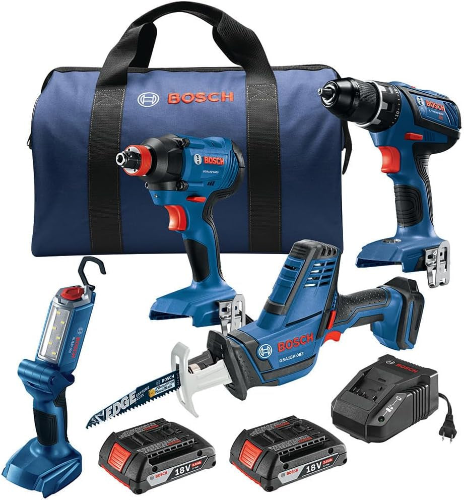 GXL18V-496B22 Bosch 4pc 18V Combo Kit with Drill/Driver, Impact Driver, Recip Saw & LED Worklight