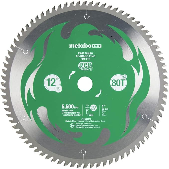 Metabo HPT 12-Inch Miter Saw Blade | 80T | Fine Finish | 1-Inch Arbor | Thin Kerf | 5500 Max RPM | 115436M