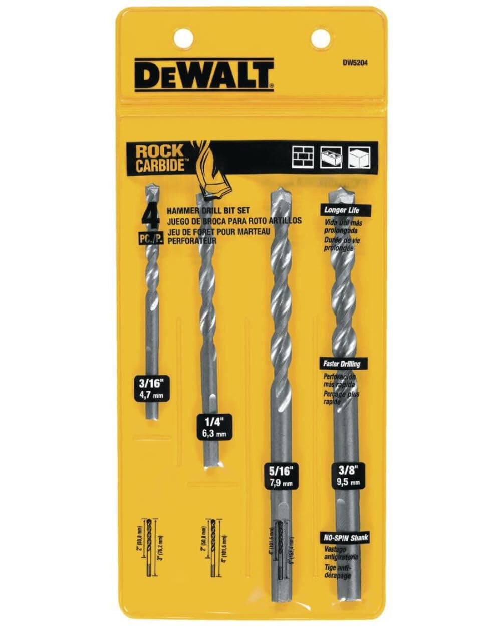 DW5204Y DEWALT 4 Piece Premium Percussion Masonry Drill Bit Set