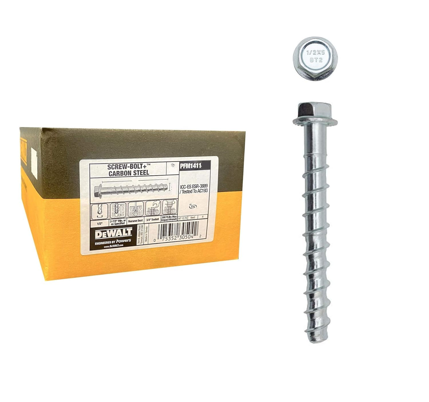 Dewalt eng. by Powers PFM1411280 - Screw-Bolt™ Carbon Steel, 3/8" x 4" - Pkg Qty 50