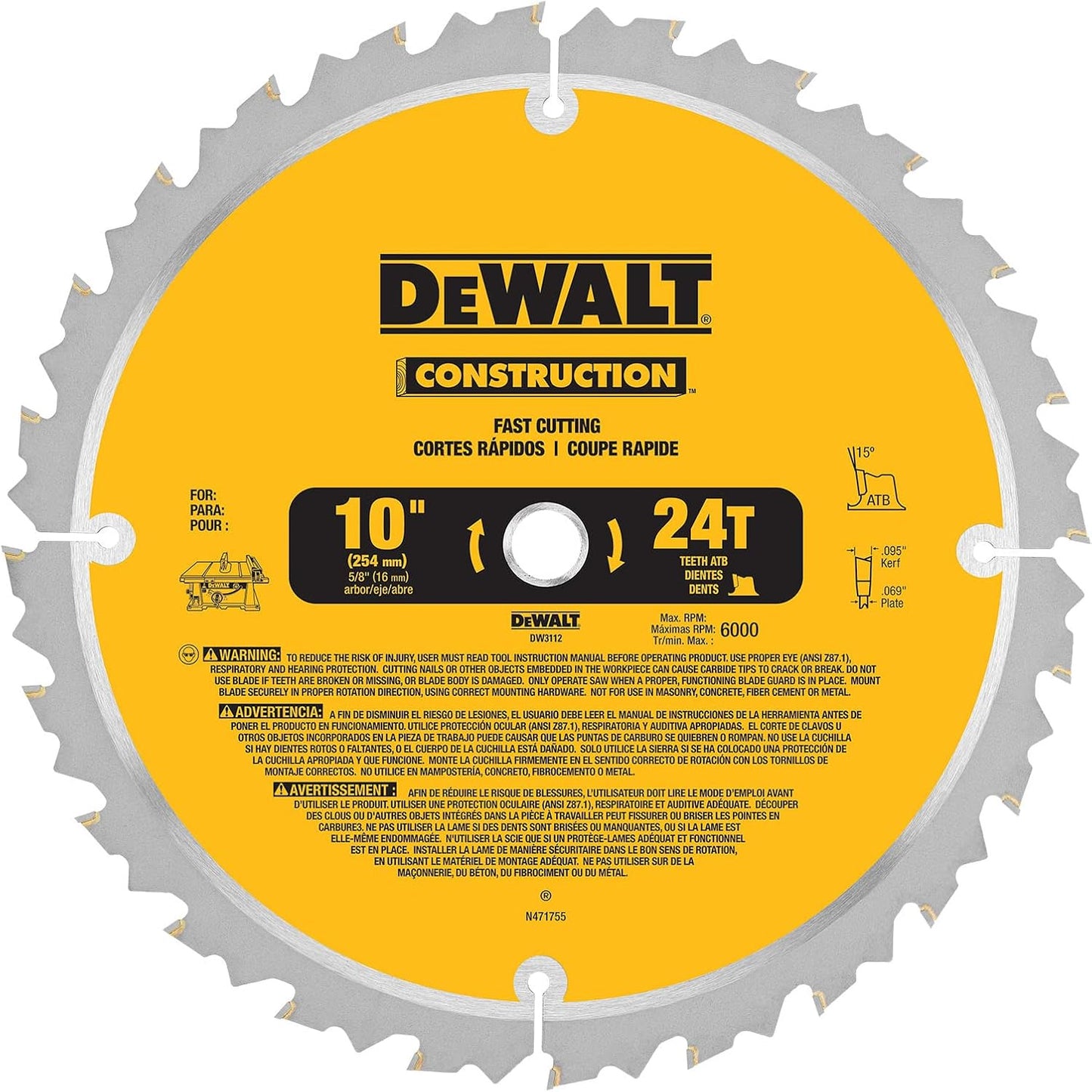DW3112 10IN 24T JOBSITE SAW BLD