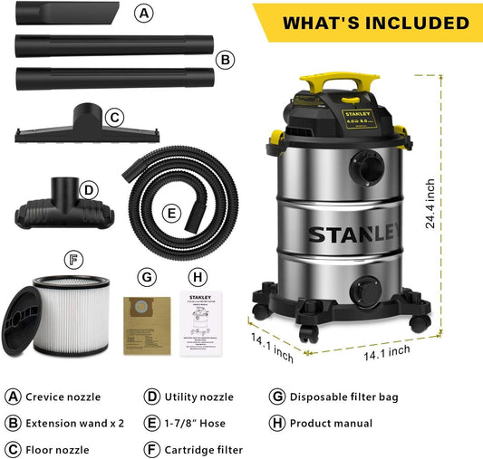 SL18158 STANLEY 8 GALLON STAINLESS STEEL CART Vaccum 5.5HP, 1-7/8" X 6' HOSE, 16' CORD, EXTENSION WAND, CARTRIDGE FILTER, DISPOSABLE DUST BAG, FLOOR BRUSH, UTILITY NOZZLE, CREVICE TOOL