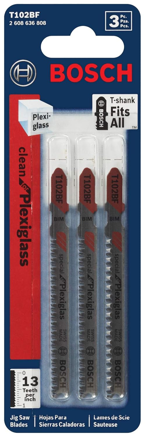 T102BF 3 pc. 3-5/8 In. 13 TPI Clean for Plexiglas T-Shank Jig Saw Blades