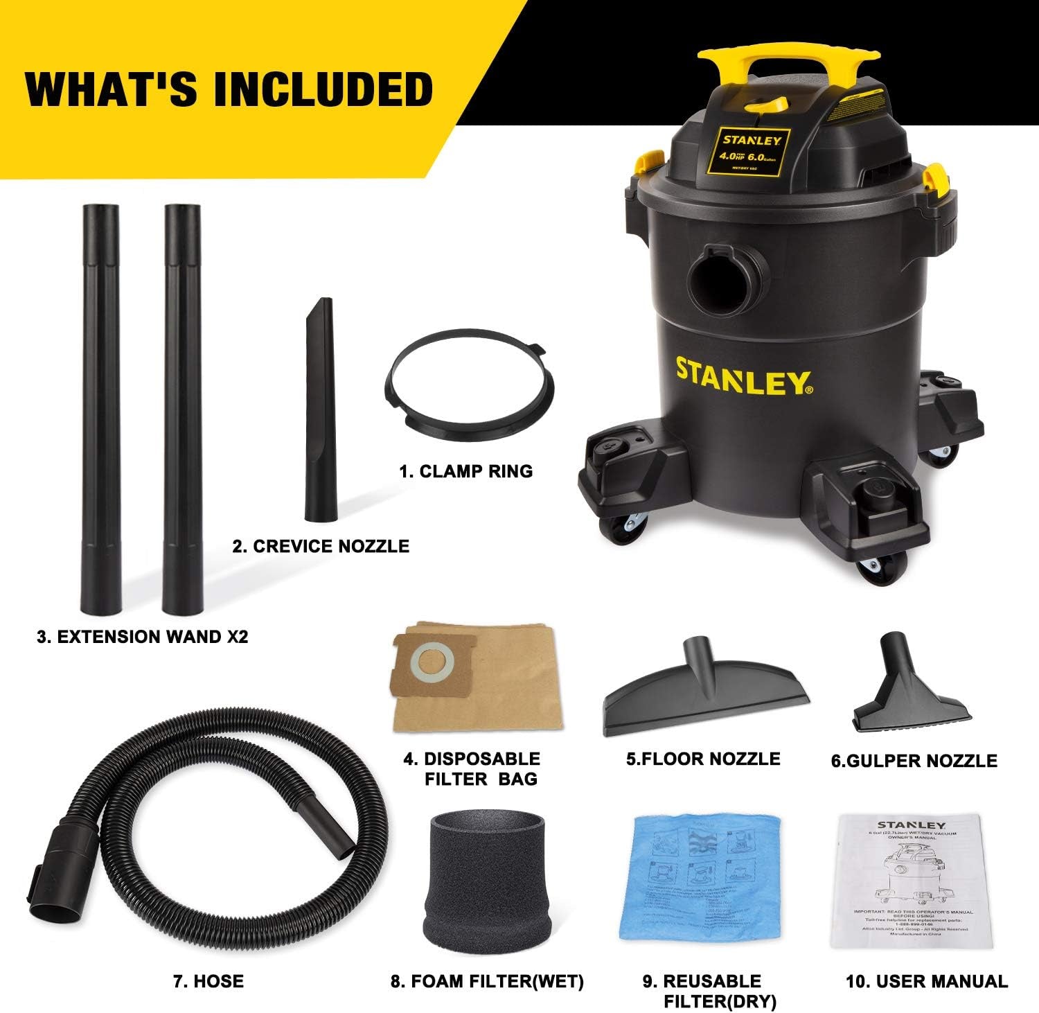 SL18115P4H STANLEY 5 GALLON POLY Vaccum 4.0HP 1-1/4"x 5'  HOSE, 10' CORD, INCL. HOSE, WAND, DISP. DUST BAG, FOAM FILTER, FLOOR NOZZLE, UTILITY NOZZLE, CREVICE TOOL