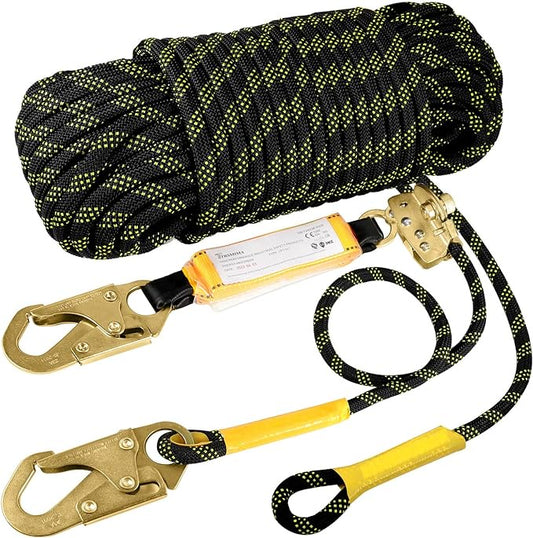 VR 100 feet Rope Harness Safety Lanyard Vertical Roofing Rope With Grab Snap Hooks Shock Absorber - Fall Protection Tree Climbing Line Kit Heavy Duty Roof Safety Equipment