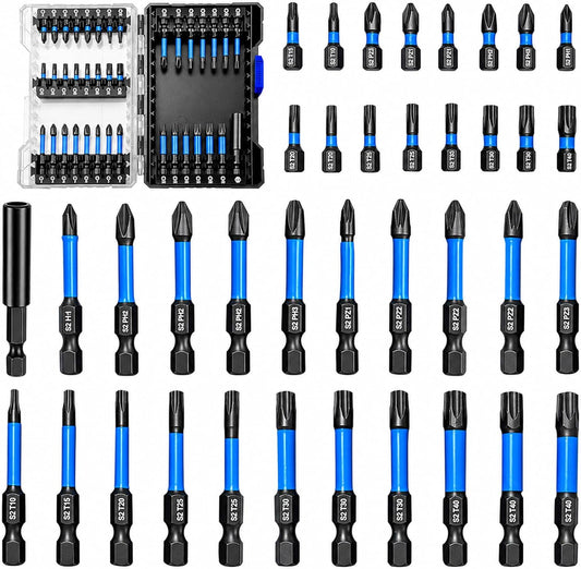 38pcs Impact Driver Bit Set, Magnetic S2 Screwdriver Bit Set, Hex Key Bit Set, Phillips, Pozidriv and Torx with 1/4” Hex Shank Bits for Electric Screwdriver