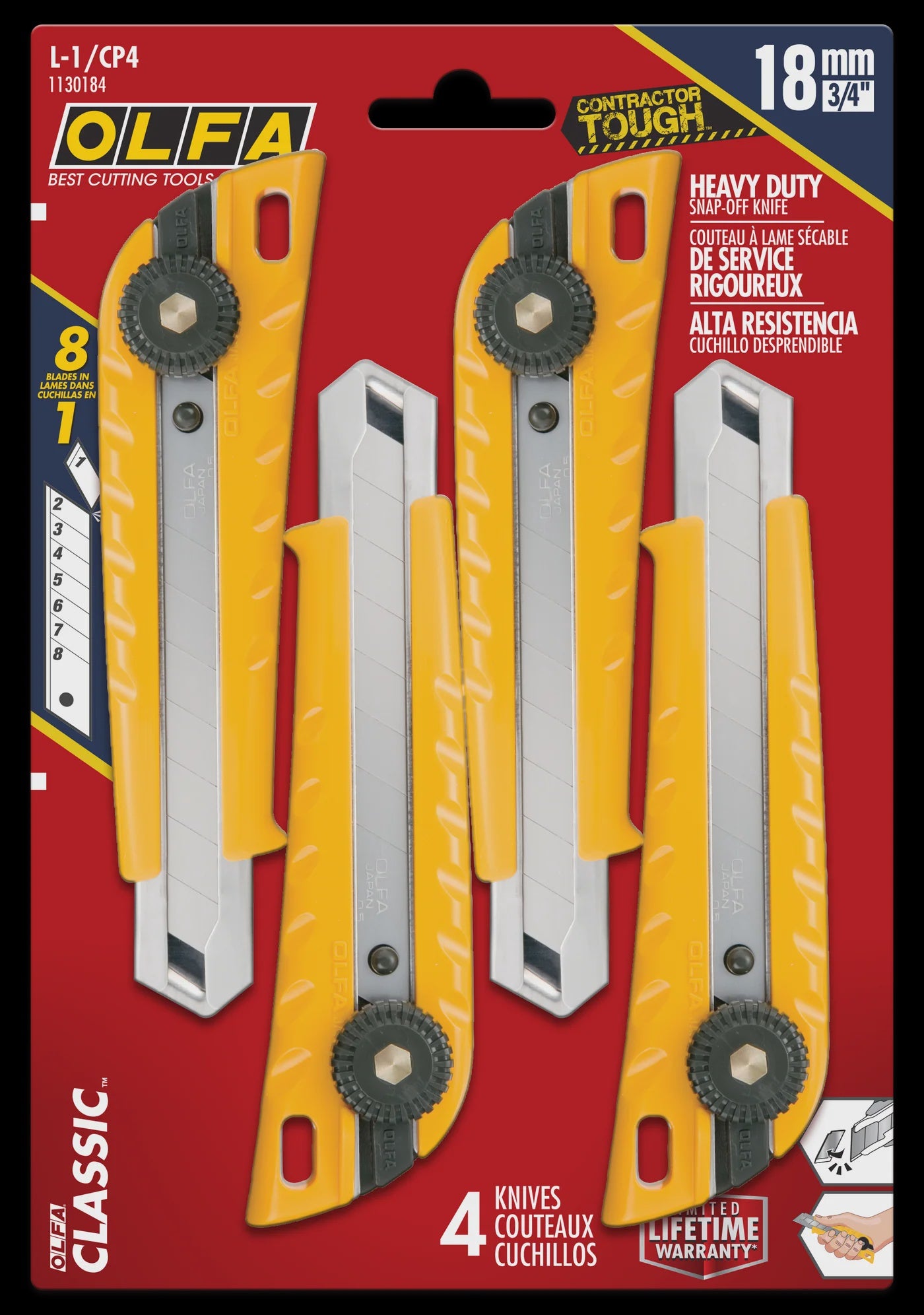 Olfa L-1/CP4 Classic Heavy Duty Ratchet-Lock Utility Knife, 4-Pack