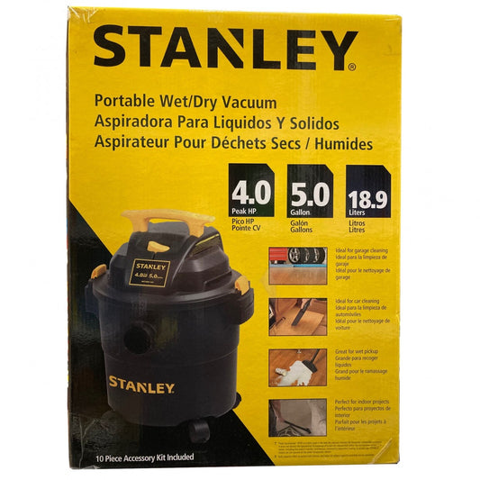 SL18115P4H STANLEY 5 GALLON POLY VACUUM 4.0HP 1-1/4"x 5' HOSE, 10' CORD, INCL. HOSE, WAND, DISP. DUST BAG, FOAM FILTER, FLOOR NOZZLE, UTILITY NOZZLE, CREVICE TOOL