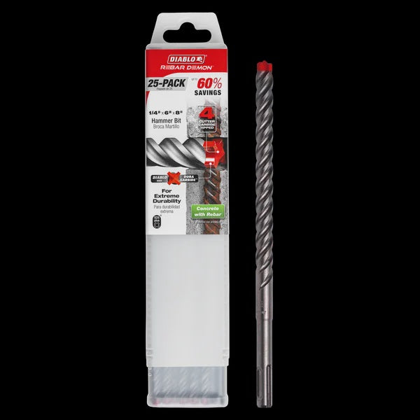 1/2" x 6" x 8" Rebar Demon™ SDS-Plus 4-Cutter Full Carbide Head Hammer Drill Bit (25-pk)