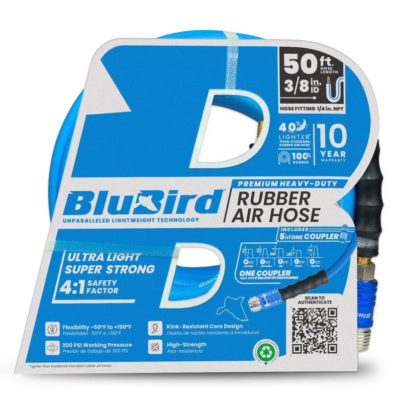BLB-BB3850: PG106 - BLUBIRD RUBBER AIR HOSE ASSEMBLY 3/ 8" X 50' - 3/8" MALE-NPT, 300 PSI, EPDM