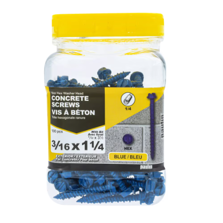 H Paulin 537-820 3/16 x 1-1/4-inch Slot Drive Hex Washer Head Concrete Screw - 100pcs