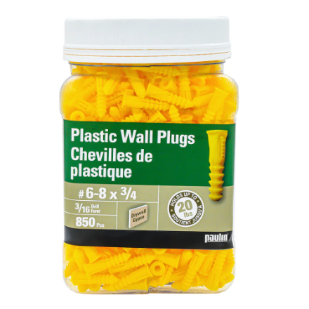 H Paulin 537-345 6-8 x 3/4-inches Plastic Wall Plugs , 850pcs