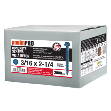 3/16" x 2-1/4" PaulinPRO Hex Hd Hex DR Concrete Scr STL Blue Epoxy 2000 Pcs